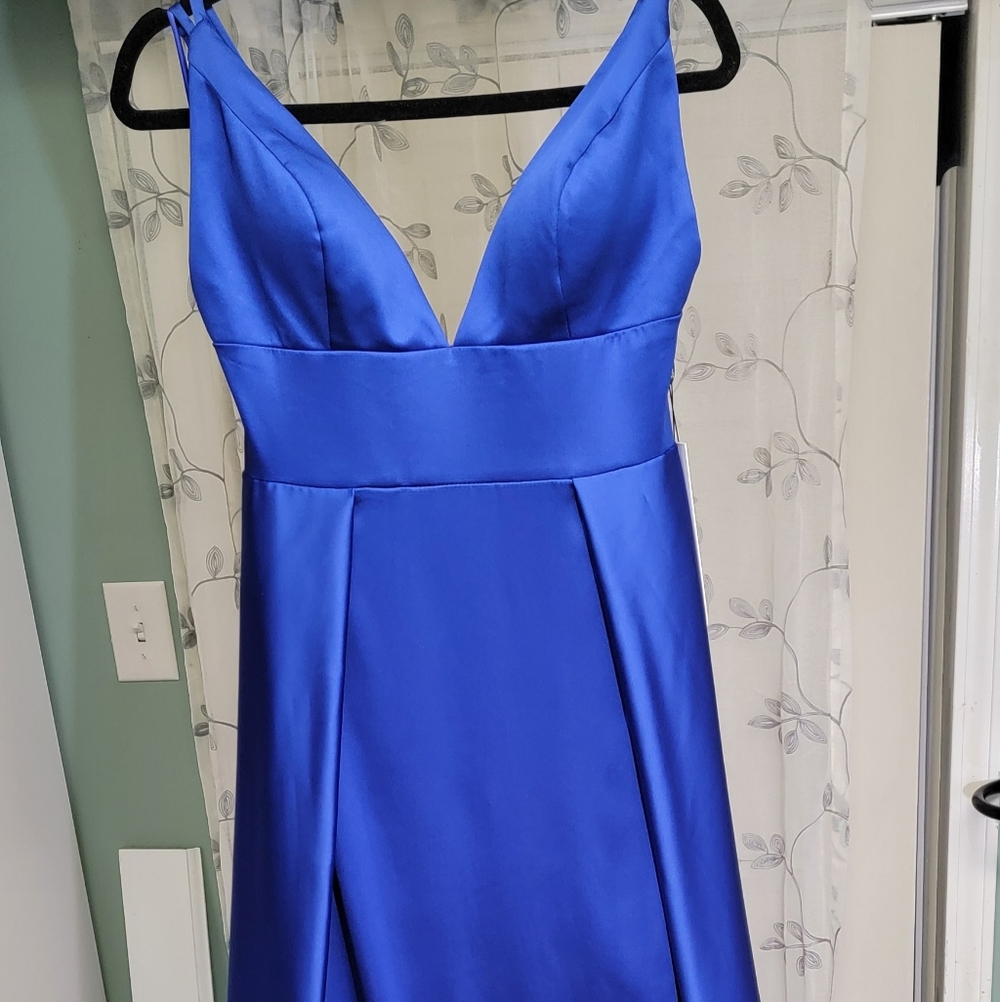 Clarisse Royal Sapphire Blue Plunging Sheathe Gown w/ Flowing Train
